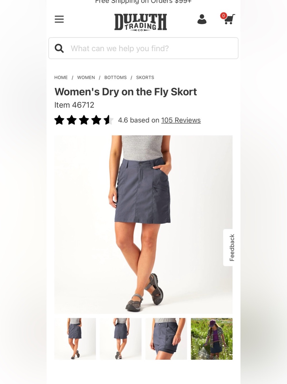 Duluth Trading Co Women's Dry on the Fly Skort - Slate Gray NWT, 4